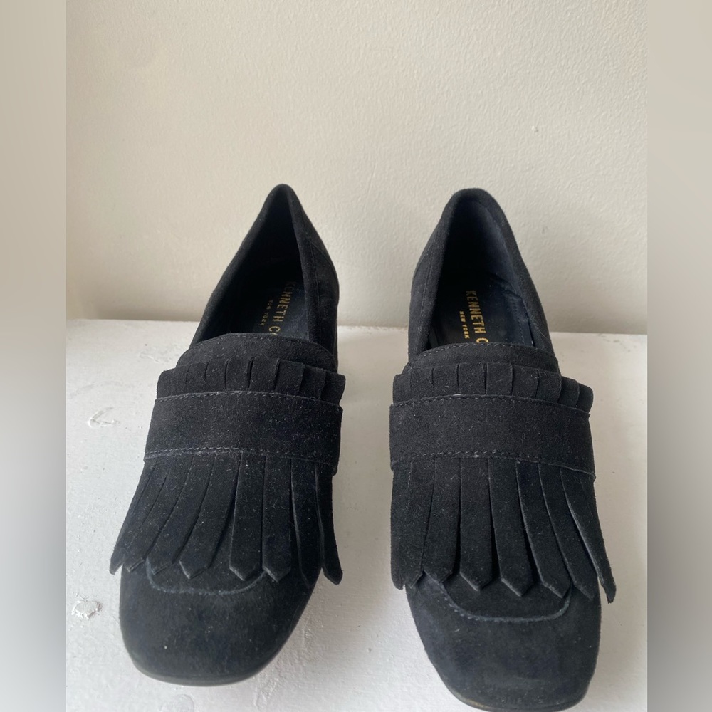 Kenneth Cole Suede Fringe Loafer Pump Block Heel - New